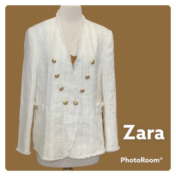 Zara Ivory Tweed Frayed Blazer (Like Balmain) Size XL Women Extra Large - Picture 2 of 16